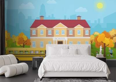 School building with children in yard and yellow bus front. School and education vector illustration. Wall mural