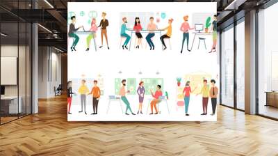 Set of different business people working in office. Brainstorming, talking discussing start up ideas, presenting project, having fun employees isolated on white background. Flat vector illustration. Wall mural