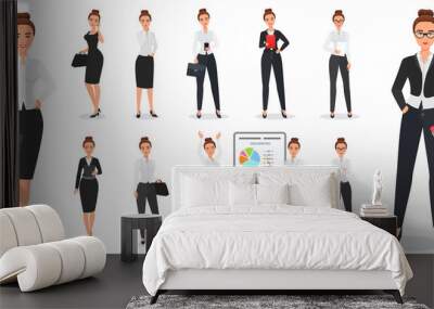 set of young pretty business woman character design in various poses. Wall mural