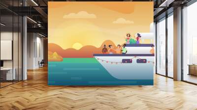 Smiling people friends making party on yacht ferry ship at sunset. Ocean vacation, sea travel and friendship concept vector illustration. Wall mural