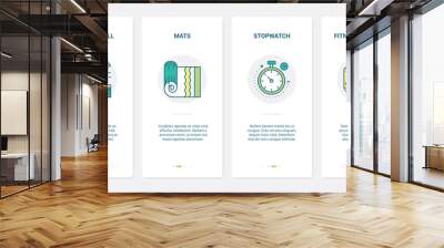 Sport equipment vector illustration. UX, UI onboarding mobile app page screen set with line yoga mat in gym, fitness sports exercise ball, fitness bracelet smart watch, stopwatch timer symbols Wall mural