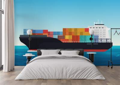 Vector Cargo ship with containers in the ocean. Delivery, transportation, shipping freight transportation. Wall mural