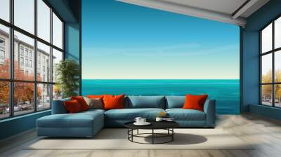 Vector cartoon clear ocean sea background with empty blue sky. Wall mural