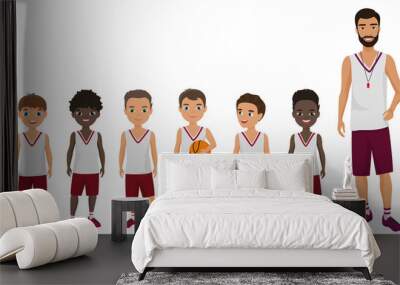 Vector Cartoon flat school boys basketball kids team standing with their coach trainer. Wall mural