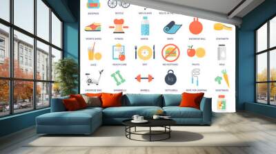 Vector fitness and health color flat icon set. Elegant style design. Wall mural