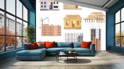 Vector flat Building under construction. Building house construction process icons set. Building with crane. Wall mural