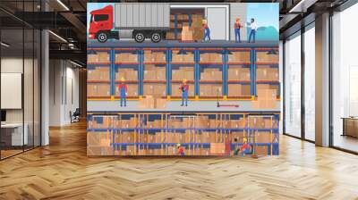 Vector horisontal flat concept banners with warehouse inside and outside with workers, trucks and boxes goods. Wall mural