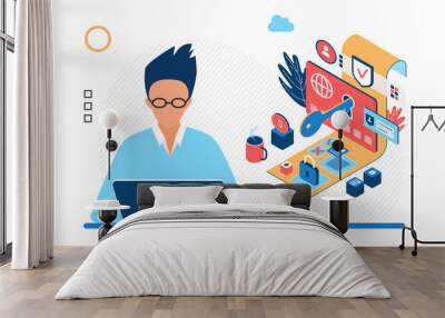 Vector illustration of cartoon male developer character working on laptop with data protection and security tools Wall mural