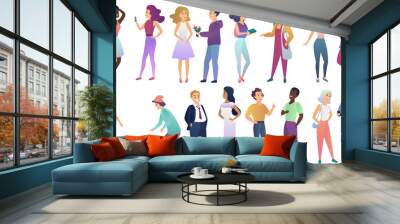 Vector set of young male and female people in casual clothes communicate with each other. Modern flat gradient color characters isolated. Wall mural