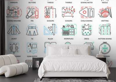 Vector Sewing color line outline icons for apps and web design. Sewing techmology elements icons. Wall mural