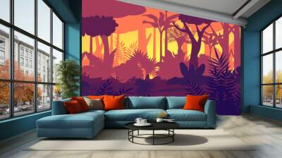 Vector Tropical jungle sunset silhouette panorama background. Golden Sun rays in wild forest, lush vegetation become dark. Trees, lianas, grasses change colors from light to night shadows game design Wall mural