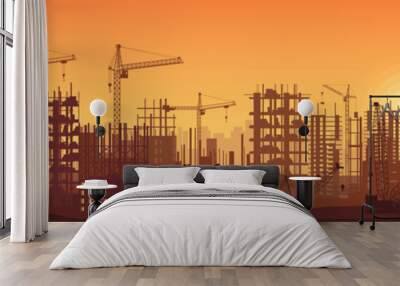 Wide high detailed banner illustration silhouette in sunset of buildings under construction in process. Wall mural