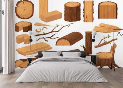 Wood industry raw materials. Realistic production samples collection. Tree trunk, logs, trunks, woodwork planks, stumps, lumber branch, twigs cartoon vector illustration. Wall mural