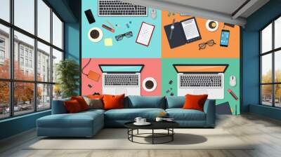 Workplace concept set. Modern gatgets top view. Flat design vector illustration. Wall mural