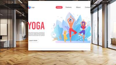 Yoga family classes flat landing page template. Meditation exercise website homepage layout. Man and woman couple with dog in concentration pose. Pilates workout web banner design vector illustration Wall mural