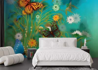 abstract grunge illustration with butterfly and flowers Wall mural