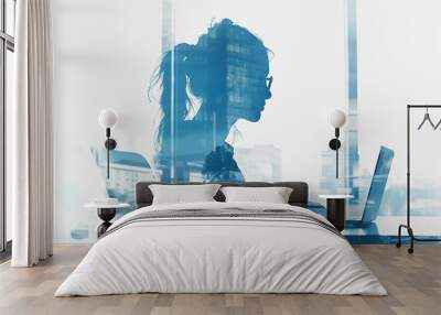 Double exposure business woman on white background. Concept of Business development.Success Wall mural