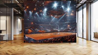 A low-angle view of a basketball court in a packed stadium with bright lights and a lively crowd creating an energetic atmosphere. Generative Ai. Wall mural