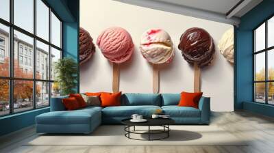 Assorted ice cream scoops in a row showcasing different flavors and toppings for a delicious dessert Wall mural