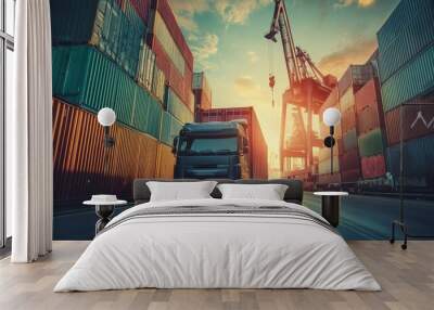 Cargo Truck Driving Through a Port at Sunset Wall mural