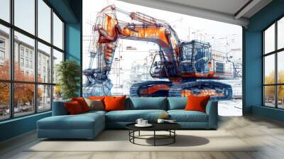 Detailed engineering illustration of an excavator with blueprint overlay enhances understanding of mechanical design and functionality Wall mural