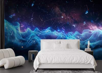 Electrifying symphony of blue sound waves and musical notes in cosmic space Wall mural