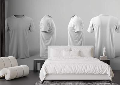 Front, back, and side views of a plain white t-shirt ideal for design mockups and apparel presentations Wall mural