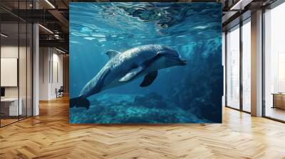 Graceful bottlenose dolphin swimming underwater, marine life captured in deep blue ocean Wall mural