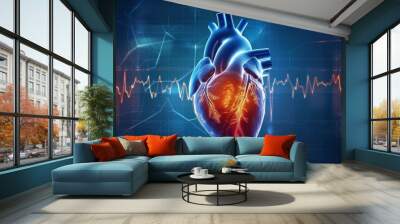 Human Heart Anatomy Illustration with EKG Waveform Wall mural