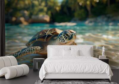 Juvenile green sea turtle swimming gracefully over coral reefs in clear waters Wall mural