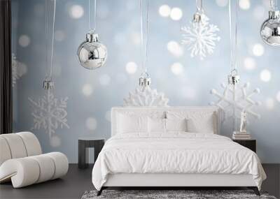 Silver Christmas Ornaments with Snowy Snowflake Decorations Wall mural