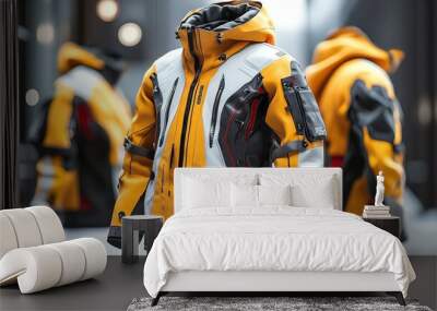 Yellow and White Techy Winter Jacket with Red Accents Wall mural