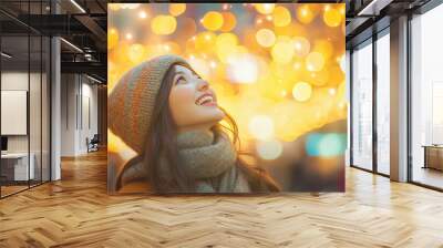 portrait asian woman happiness girl joyful in christmas light bokeh bright celebration smile beauty festive shine Wall mural