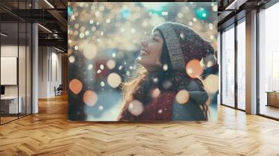 portrait asian woman happiness girl joyful in christmas light bokeh bright celebration smile beauty festive shine Wall mural