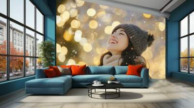 portrait asian woman happiness girl joyful in christmas light bokeh bright celebration smile beauty festive shine Wall mural