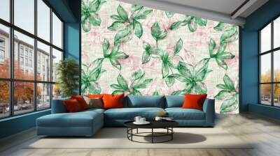 vintage retro botany and flowers pattern on linen fabric background Wall mural