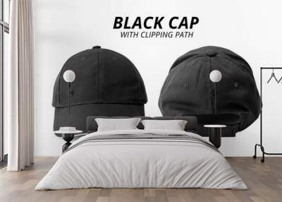 Black cap isolated on white background. Template of baseball cap in front and back view. ( Clipping path ) Wall mural