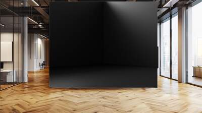 Black corner room background and empty interior dark wall on abstract  blank floor space indoor backdrop wallpaper with showroom of product template or podium pedestal scene studio. 3D rendering. Wall mural