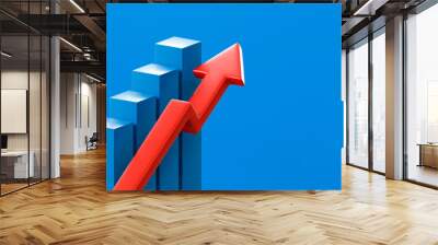 Blue 3d growth business graph on success financial background with red arrow market profit symbol or finance chart up stock diagram marketing and increase economy statistic rise price sales strategy. Wall mural