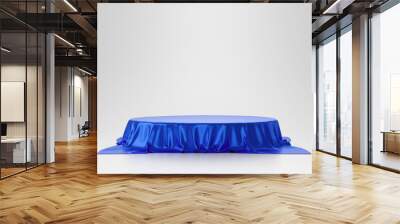 Blue luxurious fabric or cloth placed on top pedestal or blank podium shelf on white background with luxury concept. Museum or gallery backdrops for product. 3D rendering. Wall mural