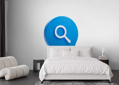 Blue magnifier search illustration icon business sign or website research find internet symbol isolated on white background with flat design graphic element communication. 3D rendering. Wall mural