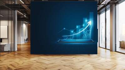 Business 3d tablet virtual growth arrow financial graph on digital technology strategy background with finance data marketing chart analysis report or success investment diagram economy screen profit. Wall mural