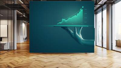 Businessman holding tablet and showing holographic graphs and stock market statistics gain profits. Concept of growth planning and business strategy. Display of good economy form digital screen. Wall mural