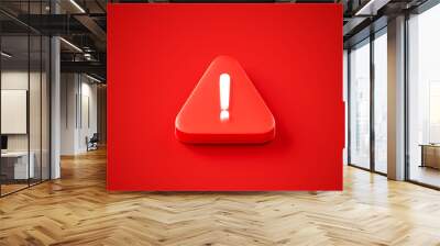 Exclamation mark 3d icon on red attention background with message button danger symbol or alert caution triangle shape sign and important notification error warning stop alarm problem security notice. Wall mural