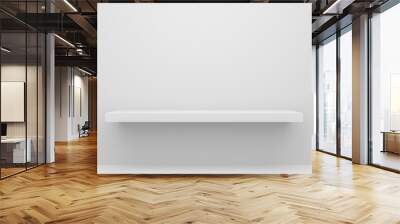 Front view of empty shelf on white table and wall background with modern minimal concept. Display of backdrop shelves for showing. Realistic 3D render. Wall mural