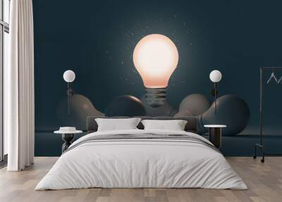 Glowing idea light bulb and innovation thinking creative concept on success inspiration dark background with solution symbol of electric lamp design. 3D rendering. Wall mural