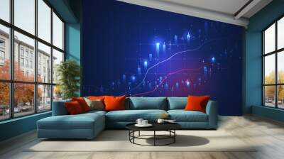 Glowing light market chart of business glowing stock graph or investment financial data profit on growth money diagram background with diagram exchange information. 3D rendering. Wall mural