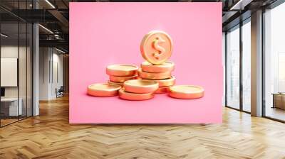 Gold dollar coin of business financial currency money and investment savings banking cash or deposit profit economy finance on pink concept 3d background with growth golden economic wealth budget. Wall mural