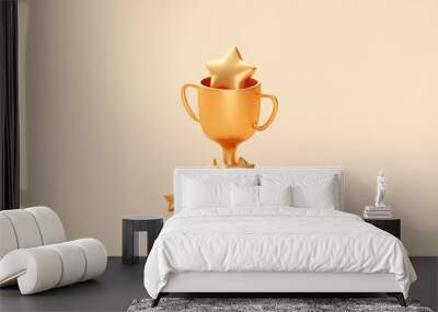 Gold five star rating trophy success award symbol on achievement 3d background of best customer feedback review winner prize or golden victory premium quality ranking rate and excellent satisfaction. Wall mural