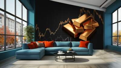 Gold market stock wealth business finance investment on money trade exchange 3d background of growth success financial currency graph or golden economy chart banking and digital price profit analysis. Wall mural